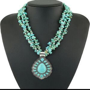 Bohemian Western Natural Turquoise  Chubby Drop Pendant Necklace